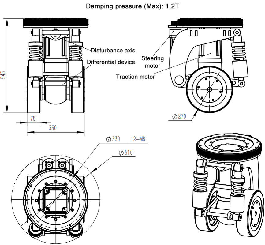direção inteligente de absorção 1500KG da suspensão da roda de choque do motor da C.C. 3T